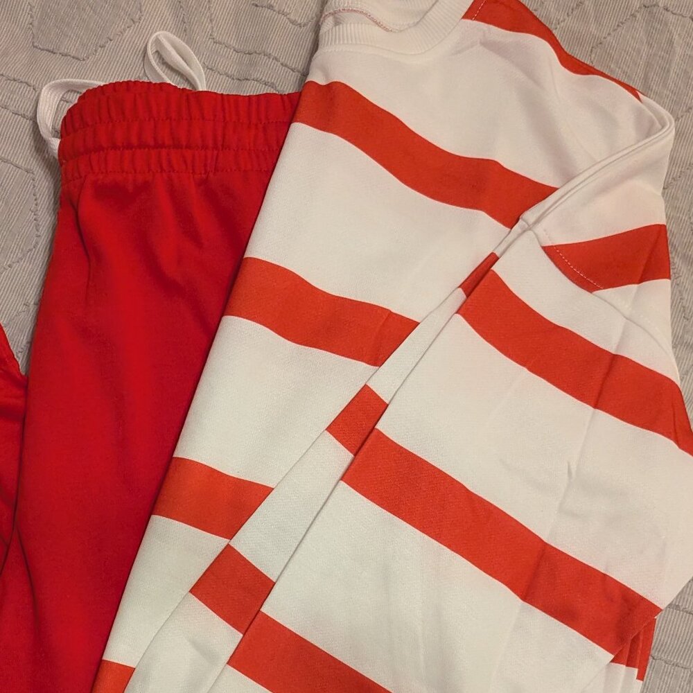 Two Piece Set Red and White Stripe Lightweight Sweatshirt and Drawstring Pants